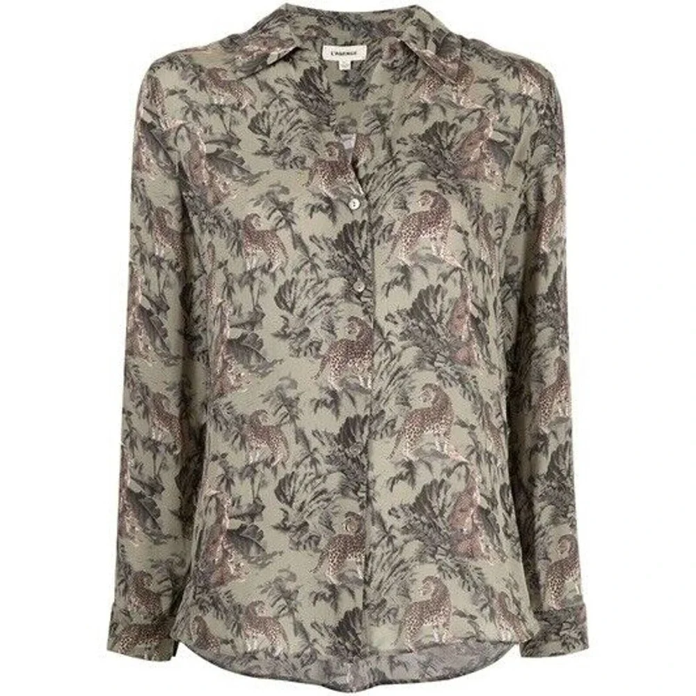 L'AGENCE Womens Top Size Small Olive Animal Print Viscose Blouse Button Up - Picture 1 of 9